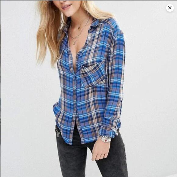 Free People Joplin Plaid Flannel Button Up Shirt Womens S Rayon Boho Grunge Blue - Picture 1 of 10